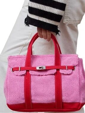 SUNWIN Boatkin Pink Terry Tote with Red Trim and Silver Accent Very Birkin New
